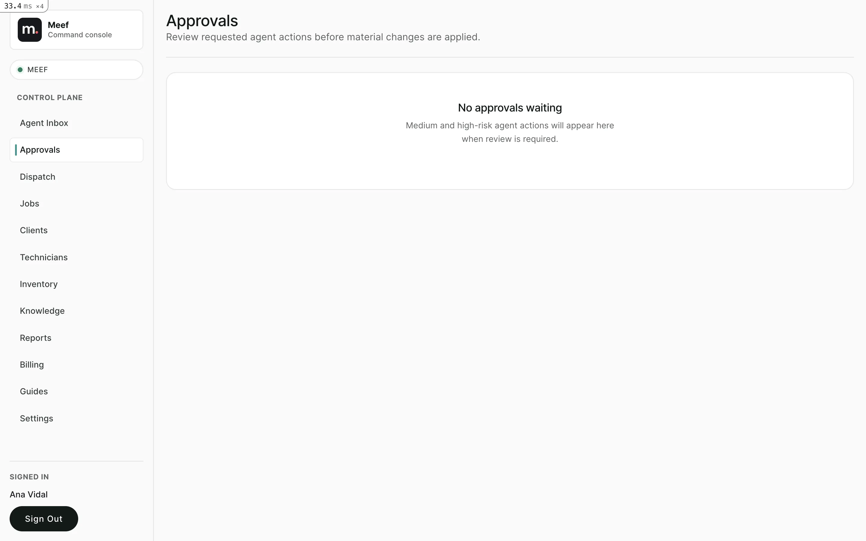 Meef approvals queue where material AI-suggested changes wait for human review