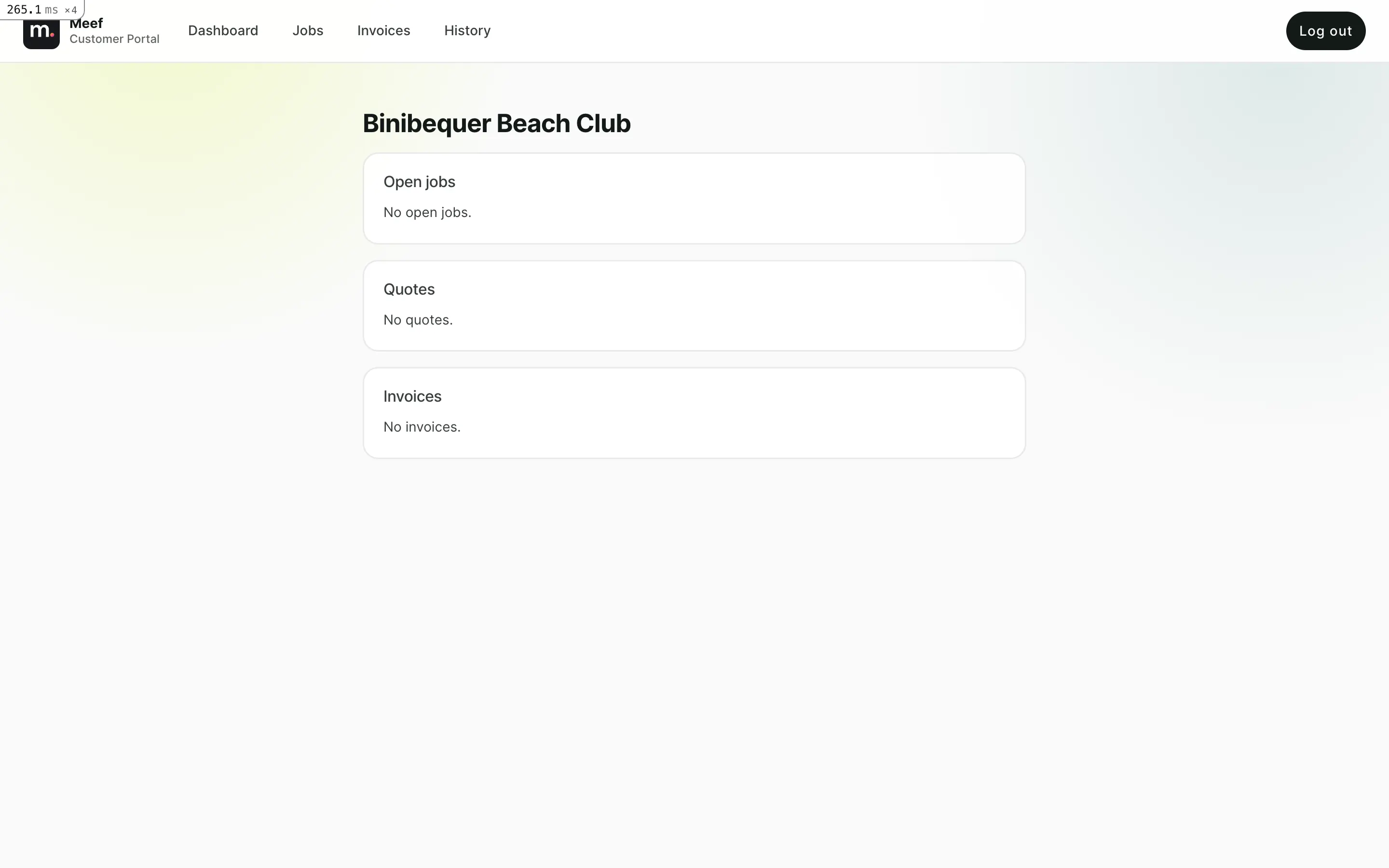 Meef customer portal showing jobs, quotes, invoices, and service status